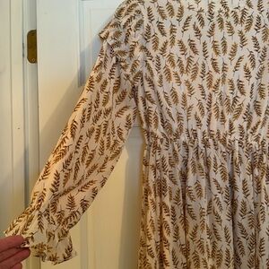 Mikarose Boutique Style Asymmetrical Golden Cream Leaves Dress